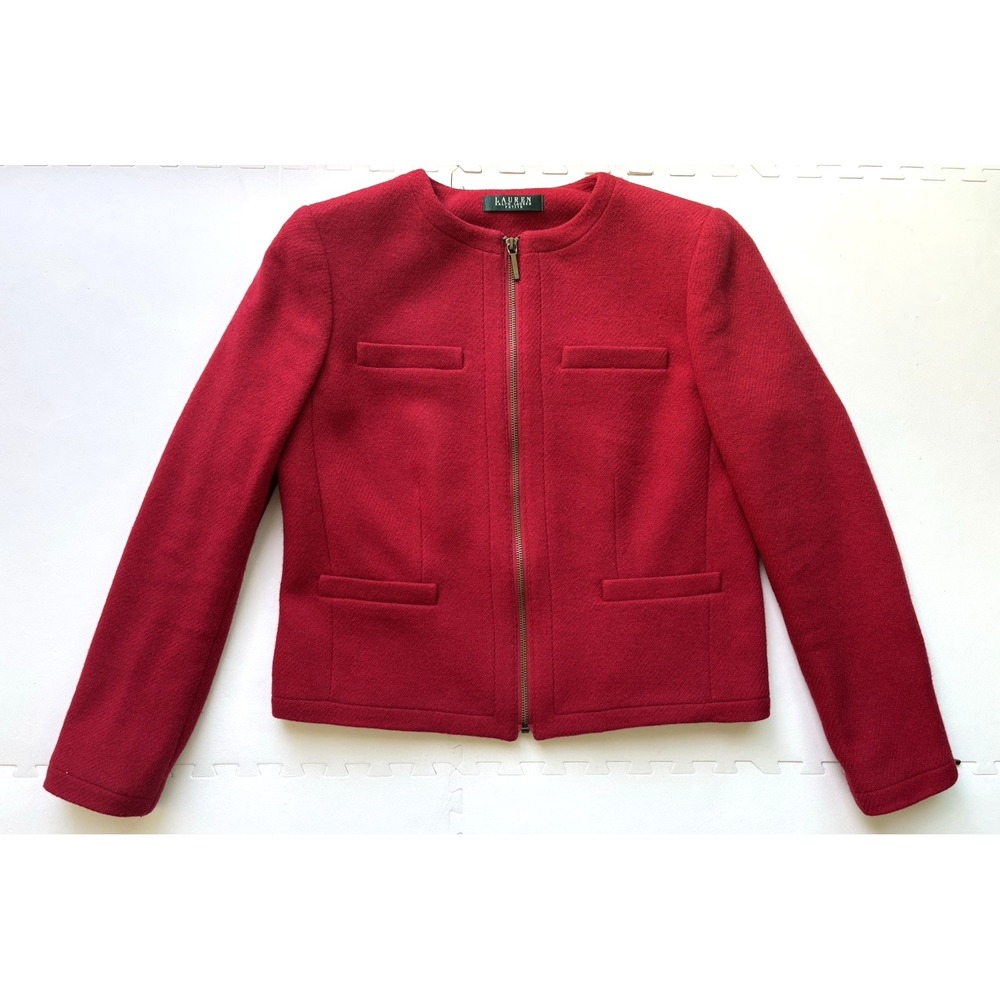 LAUREN RALPH LAUREN Womens Blazer Collarless Jacket Wool Zip-Size 10P Tomato Red